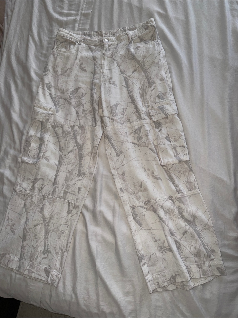 Altar'd State Cream Wide-Leg Cargo Pants with woodland camo print